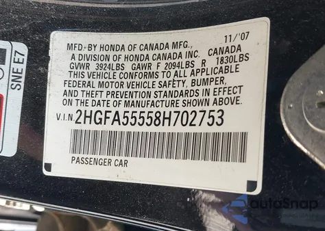 2008 Honda Civic Si/Si Mugen from USA, damaged, VIN 2HGFA55558H702753